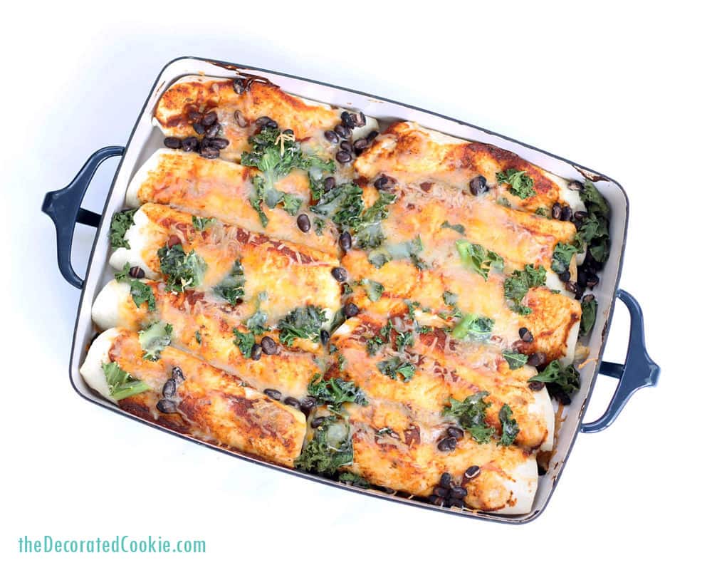 easy chicken and kale enchiladas with black beans, made with 1-minute enchilada sauce 