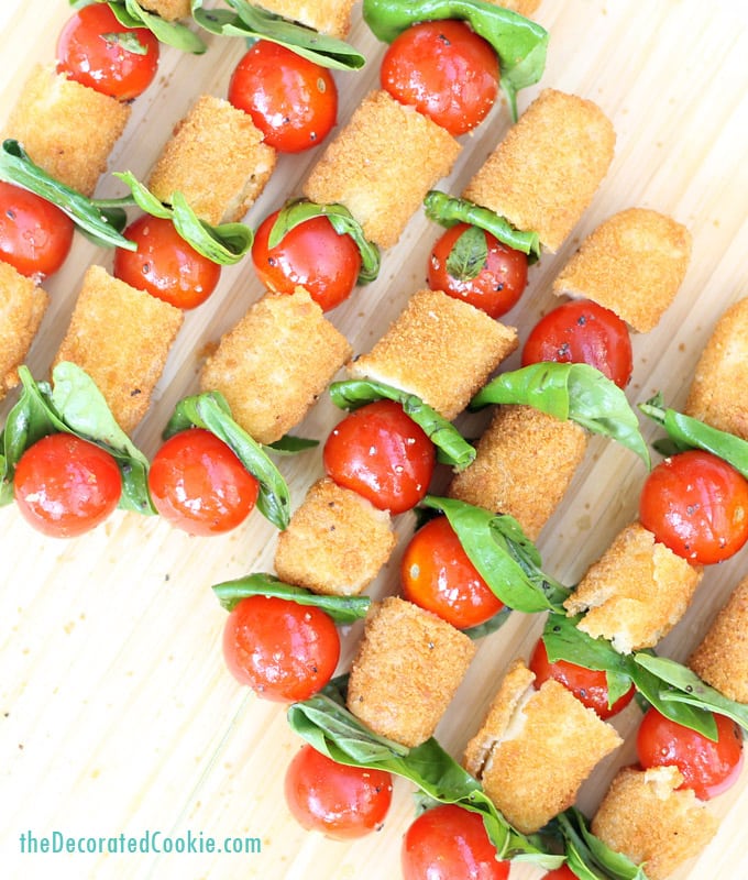 mozzarella stick caprese skewers - tomato, basil and Farm Rich mozzarella sticks