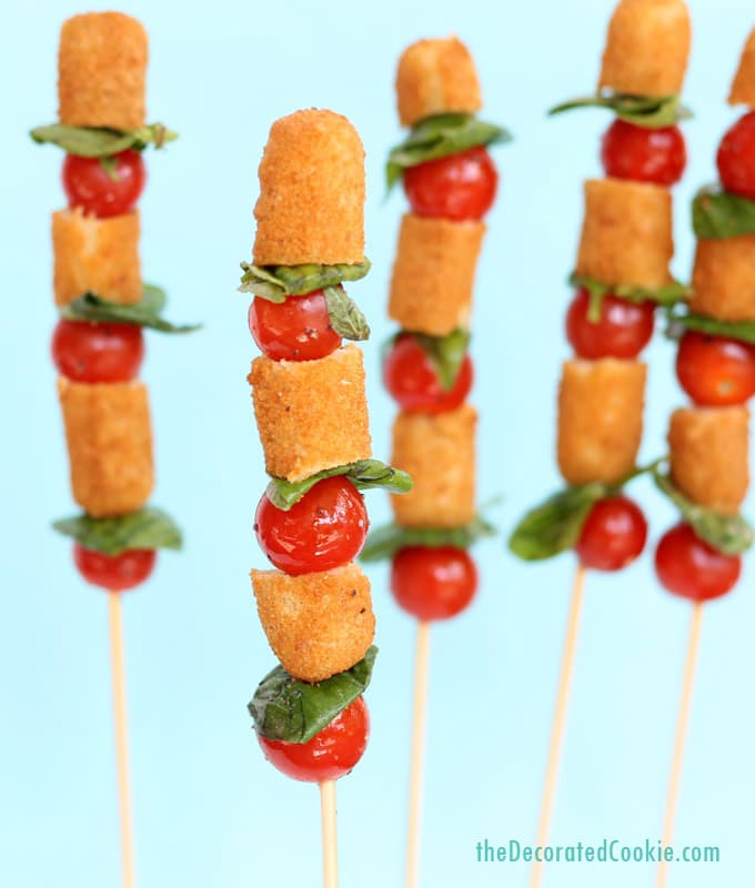 mozzarella stick caprese skewers - tomato, basil and Farm Rich mozzarella sticks