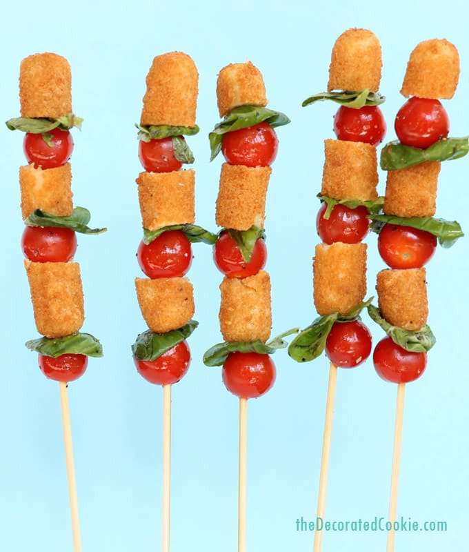 mozzarella stick caprese skewers - tomato, basil and Farm Rich mozzarella sticks