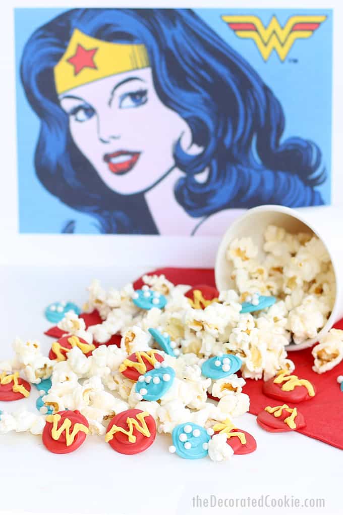 WONDER WOMAN POPCORN -- This sweet and salty snack is a fun food idea for a Wonder Woman party, movie snack, or a Superhero party.