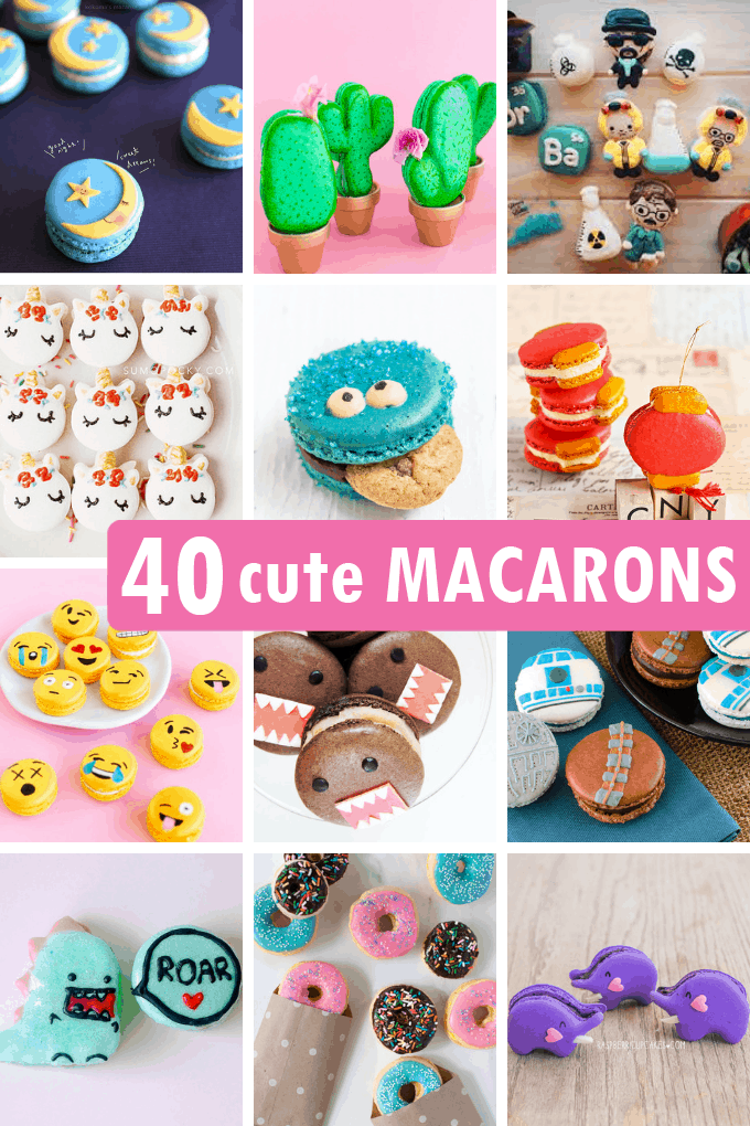 A roundup of 38 CUTE MACARONS from around the web and fun food ideas using macarons. How to decorate and bake clever macarons.