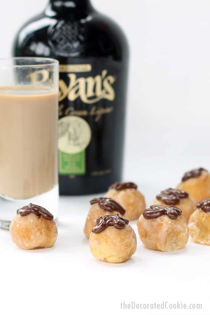 BOOZY DONUT HOLES are easy to make and a hit to serve at brunch. Filled with Bailey's and topped with chocolate. Video how-tos included.