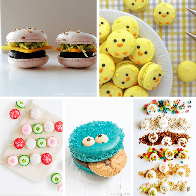 A roundup of 38 CUTE MACARONS from around the web and fun food ideas using macarons. How to decorate and bake clever macarons.