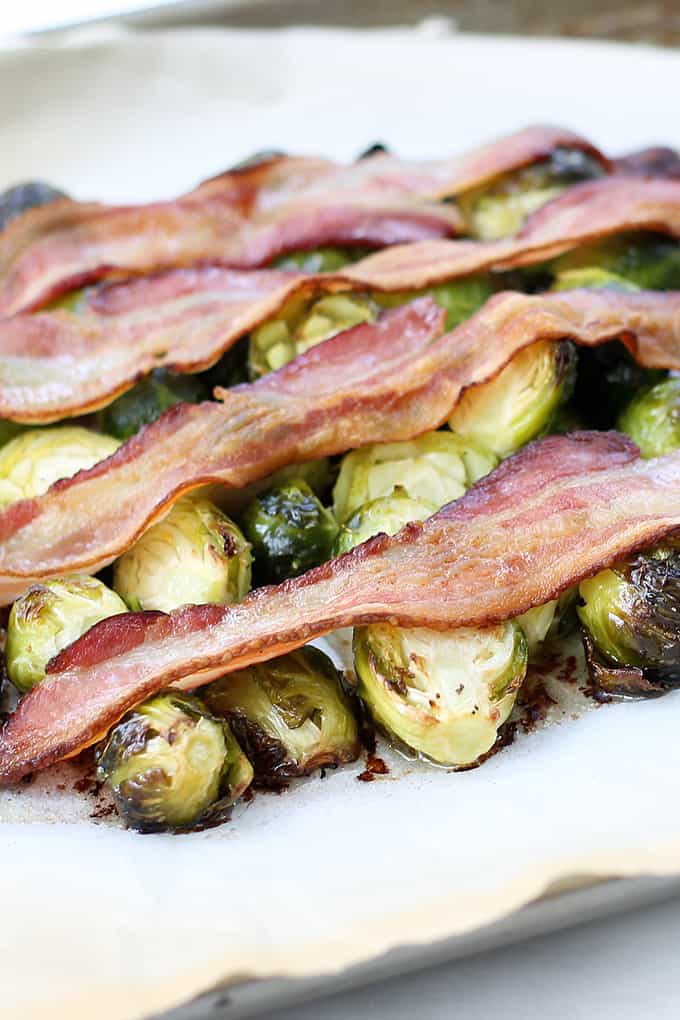 ROASTED BRUSSELS SPROUTS AND BACON -- easy roasted vegetable side dish to serve with dinner or as meal.