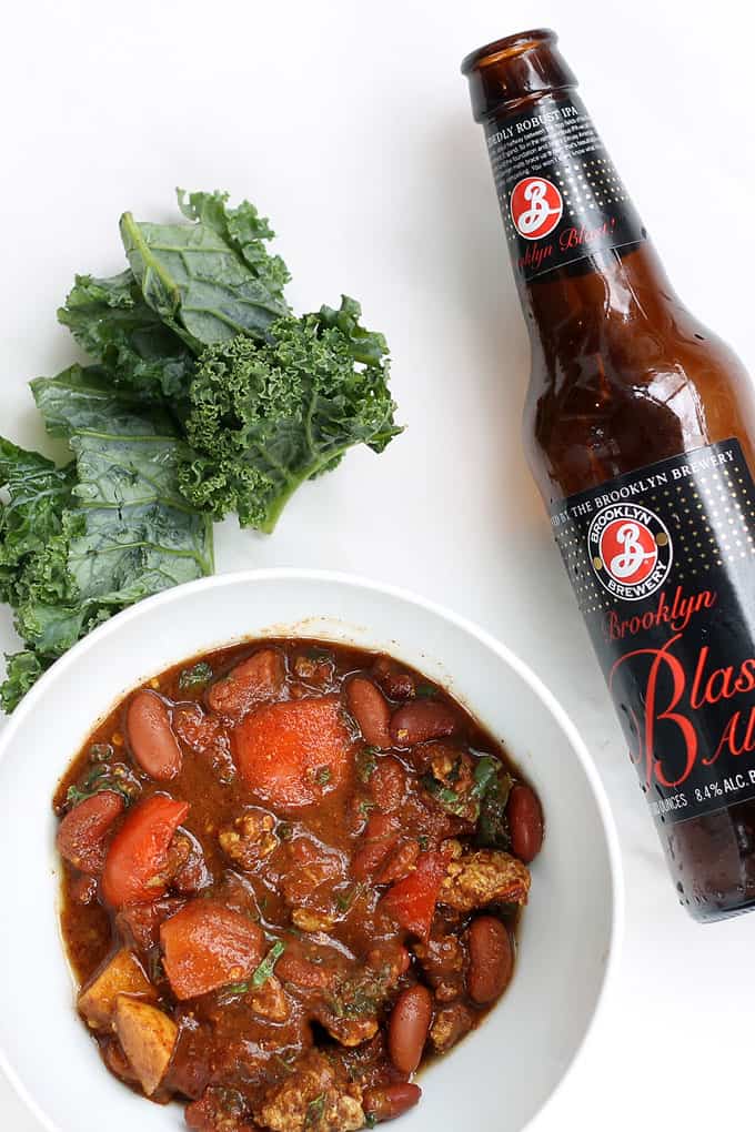 EASY DINNER idea: Crock pot turkey chili with beer and kale, great for game day! Filled with delicious spices, ale, and vegetables.