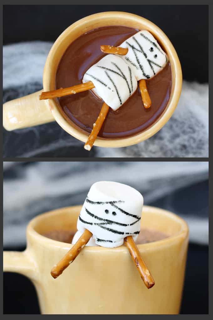 Fun Halloween party food idea: Use food writers to make mummy marshmallows for Halloween hot cocoa -- Halloween hot chocolate