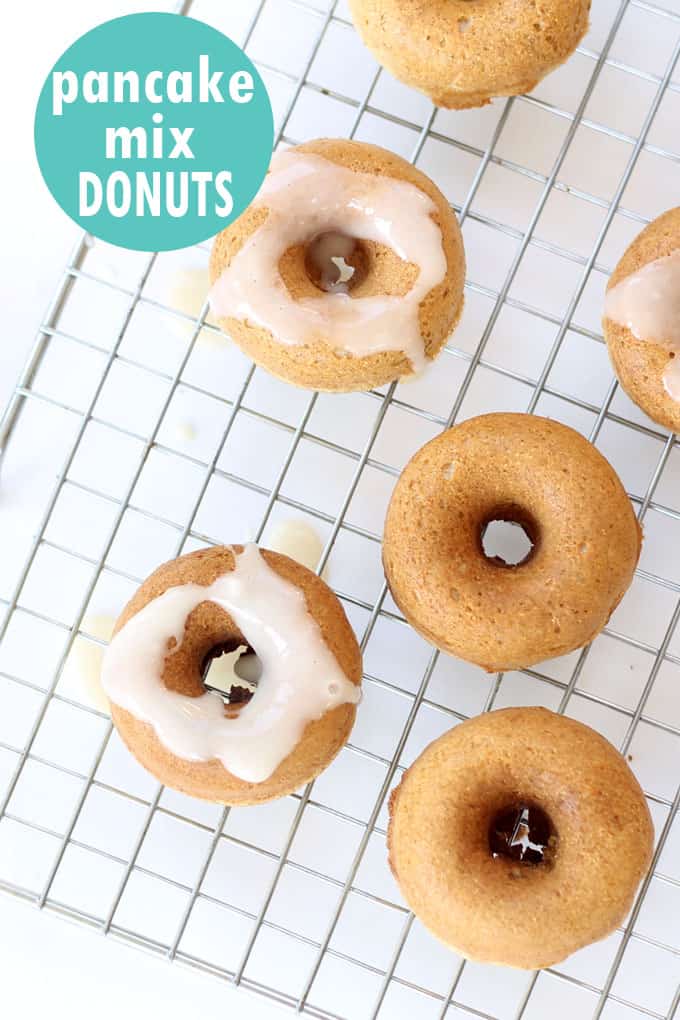 Pancake mix donuts in the BabyCakes Donut Maker, easy breakfast idea.