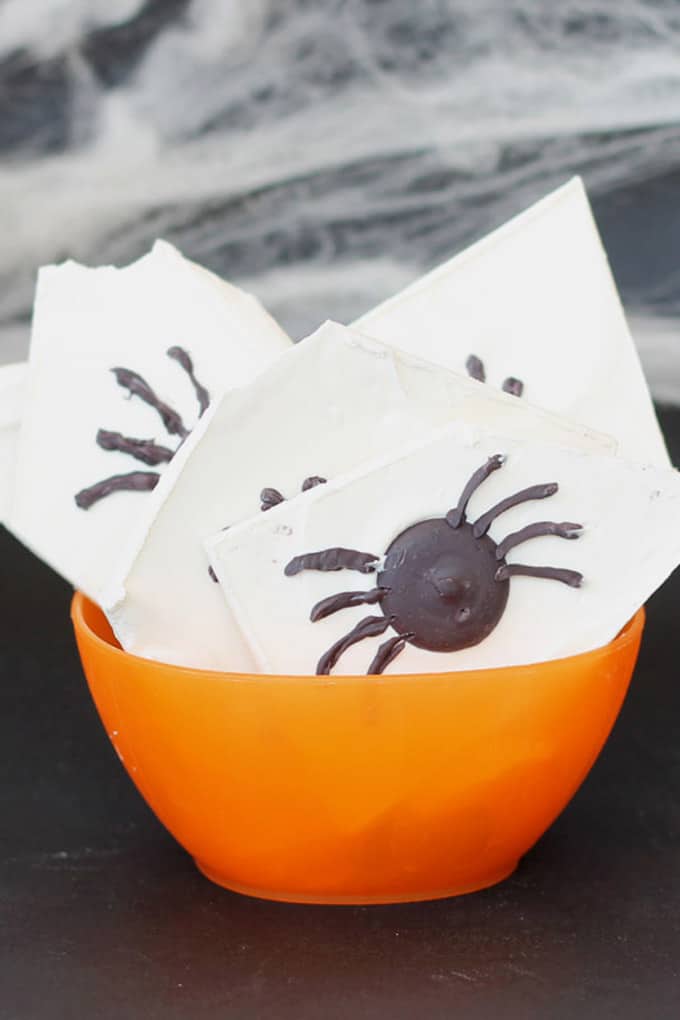 Creepy, crawly spider chocolate bark for Halloween. A fun Halloween party food idea.