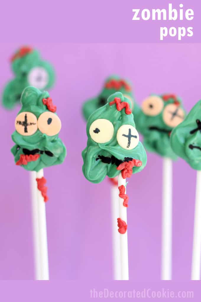 These chocolate zombie candy pops are easy to make and perfectly creepy for your Halloween party. Fun food for Halloween! Or for a Walking Dead party. #zombie #zombiecandy #halloween #halloweenfood #halloweenparty #zombieparty 