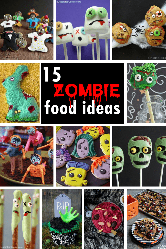 A roundup of 15 zombie food ideas for Halloween parties or treats or for a The Walking Dead viewing party food ideas. #zombie #halloween #foodideas #partyfood #thewalkingdead