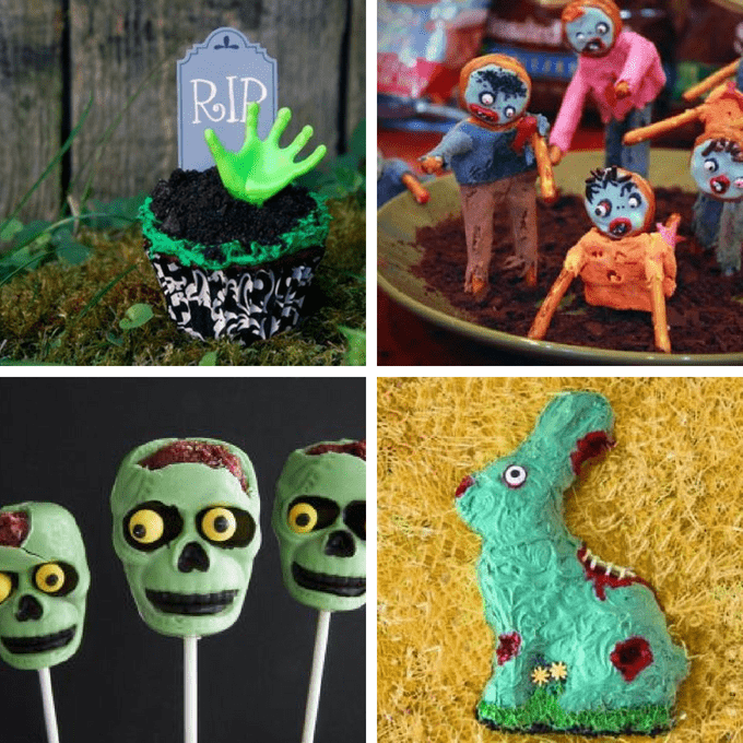 A roundup of 15 zombie food ideas for Halloween parties or treats or for a The Walking Dead viewing party food ideas. #zombie #halloween #foodideas #partyfood #thewalkingdead