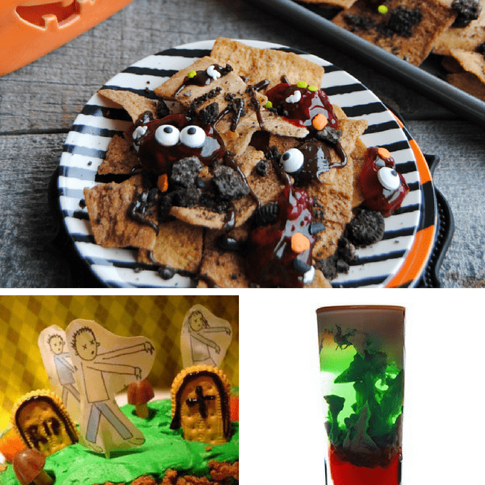 A roundup of 15 zombie food ideas for Halloween parties or treats or for a The Walking Dead viewing party food ideas. #zombie #halloween #foodideas #partyfood #thewalkingdead