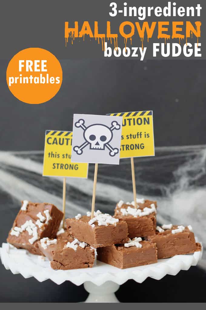 EASY, 3-ingredient boozy Halloween fudge! Free printables included. Vodka and chocolate will be the hit of your Halloween party.