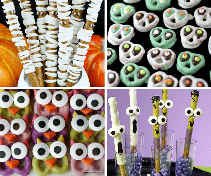 roundup of 20 Halloween pretzel treat ideas 