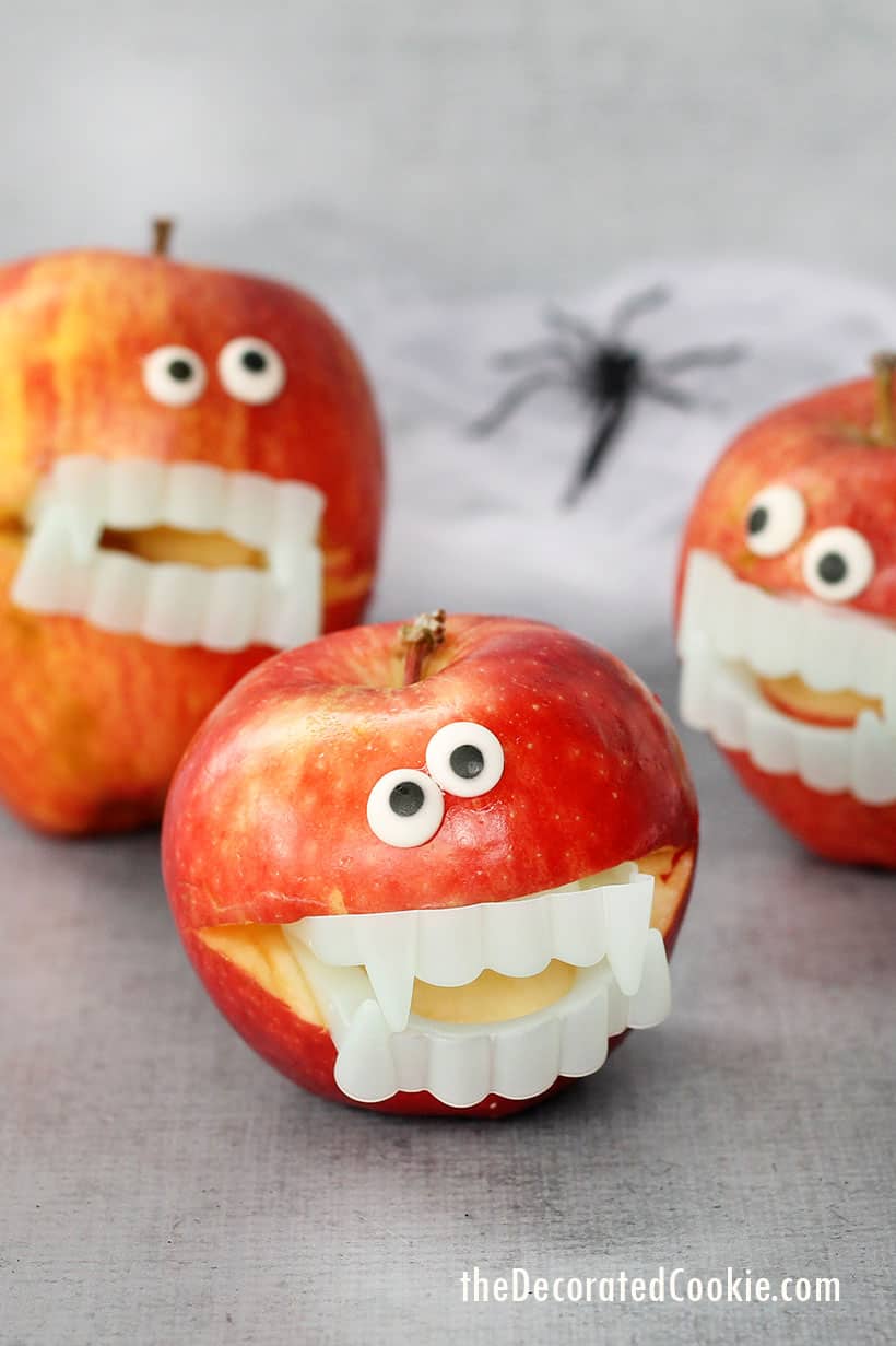 healthy Halloween snack, apples with vampire teeth 