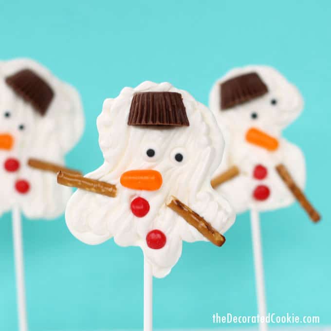 melting snowman candy pops -- a winter or Christmas chocolate treat -- step-by-step instructions and video how-tos included
