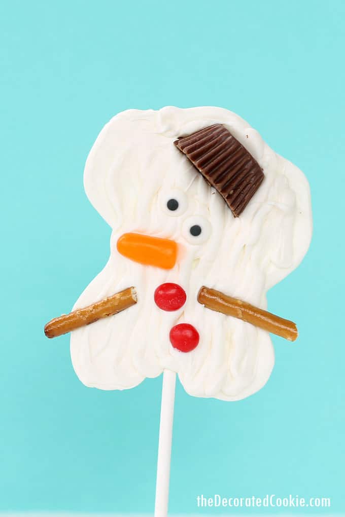 melting snowman candy pops -- a winter or Christmas chocolate treat -- step-by-step instructions and video how-tos included