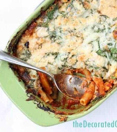 EASY DINNER IDEA: one-dish, no boil, baked ziti and chicken with a cheesy spinach topping (VIDEO how-tos)