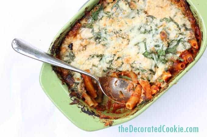 EASY DINNER IDEA: one-dish, no boil, baked ziti and chicken with a cheesy spinach topping (VIDEO how-tos)
