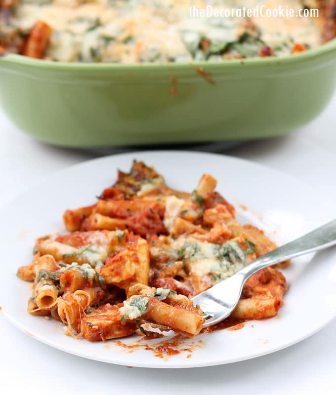 EASY DINNER IDEA: one-dish, no boil, baked ziti and chicken with a cheesy spinach topping (VIDEO how-tos)