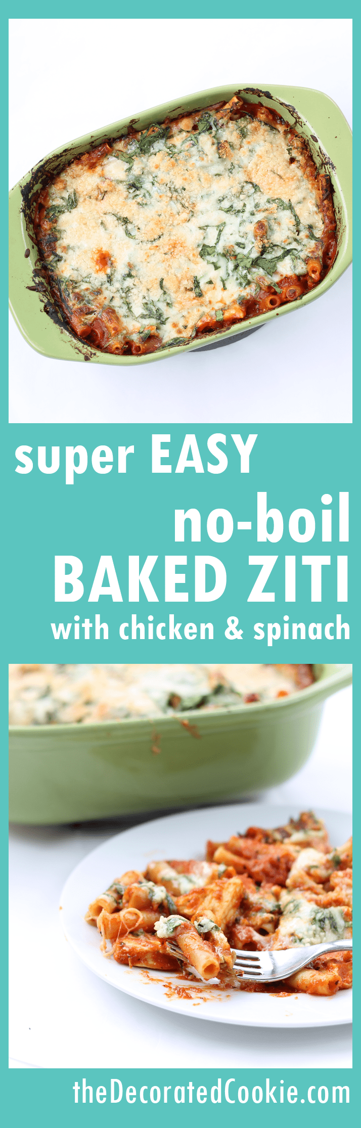 EASY DINNER IDEA: one-dish, no boil, baked ziti and chicken with a cheesy spinach topping (VIDEO how-tos)