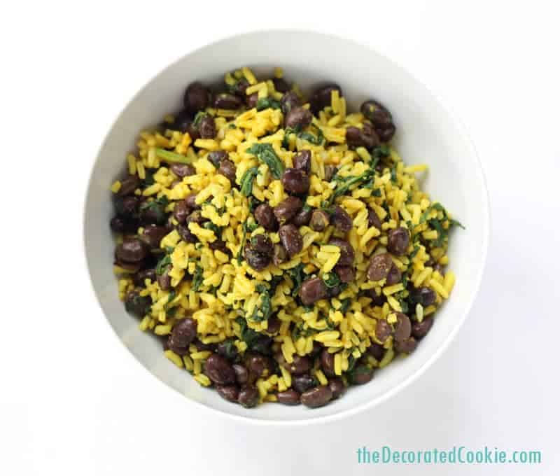 curried rice with spinach and black beans - side dish or vegetarian/vegan main meal 