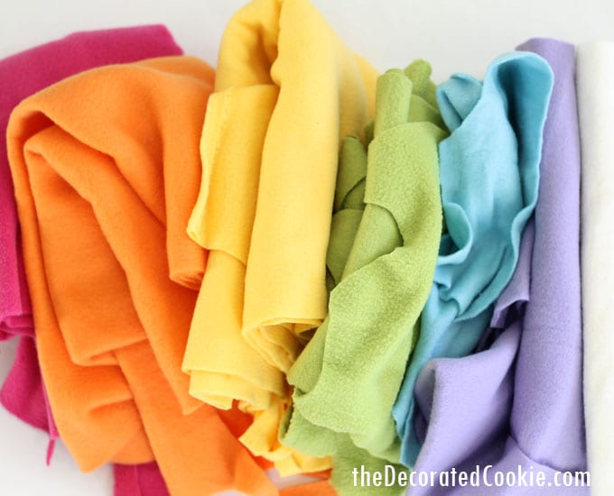 no sew fleece rainbow scarf, great homemade gift idea for kids 