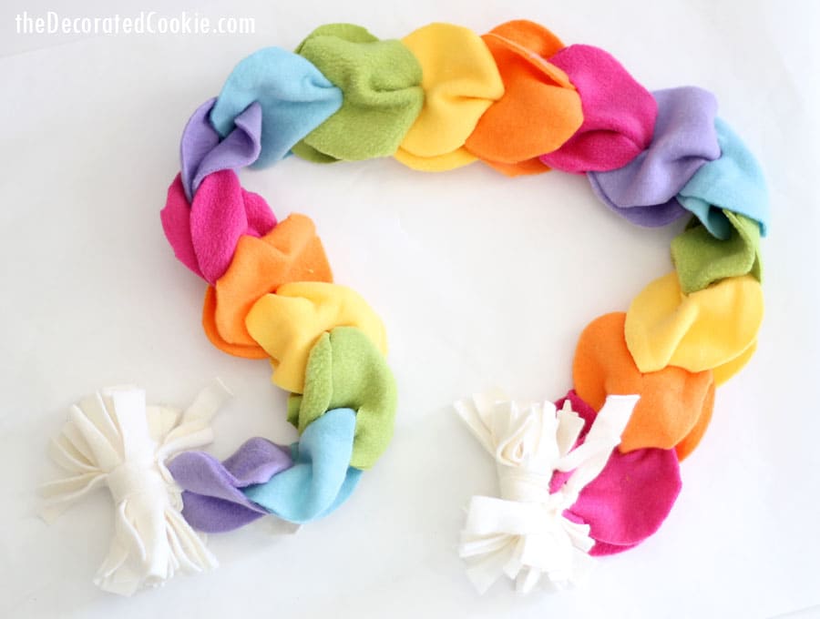no sew fleece rainbow scarf, great homemade gift idea for kids 