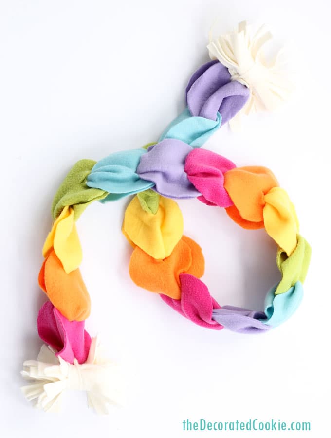 no sew fleece rainbow scarf, great homemade gift idea for kids 