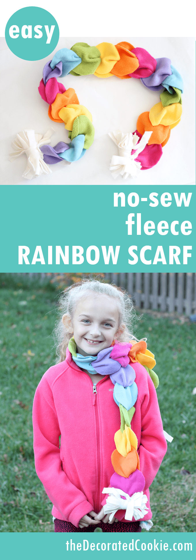 no sew fleece rainbow scarf, great homemade gift idea for kids 