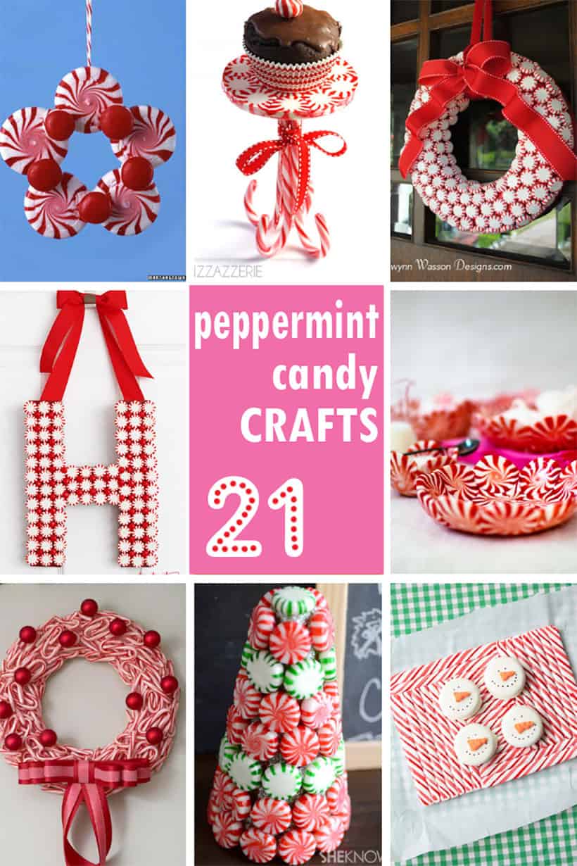 collage of peppermint candy crafts for Christmas 