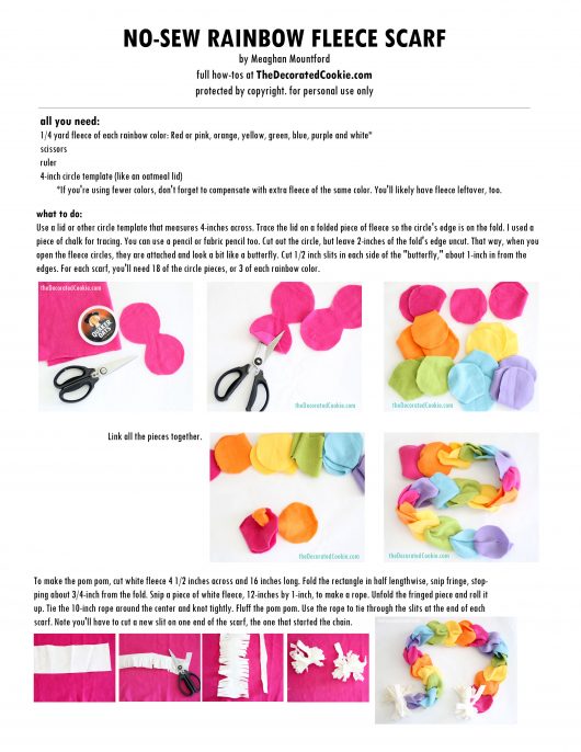 printable no-sew rainbow fleece scarf instructions 