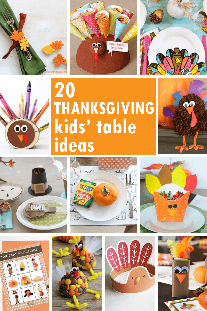 A roundup of 20 Thanksgiving kids' table ideas. DIY ideas for your Thanksgiving kids' table. Thanksgiving crafts and decor, kid-friendly.