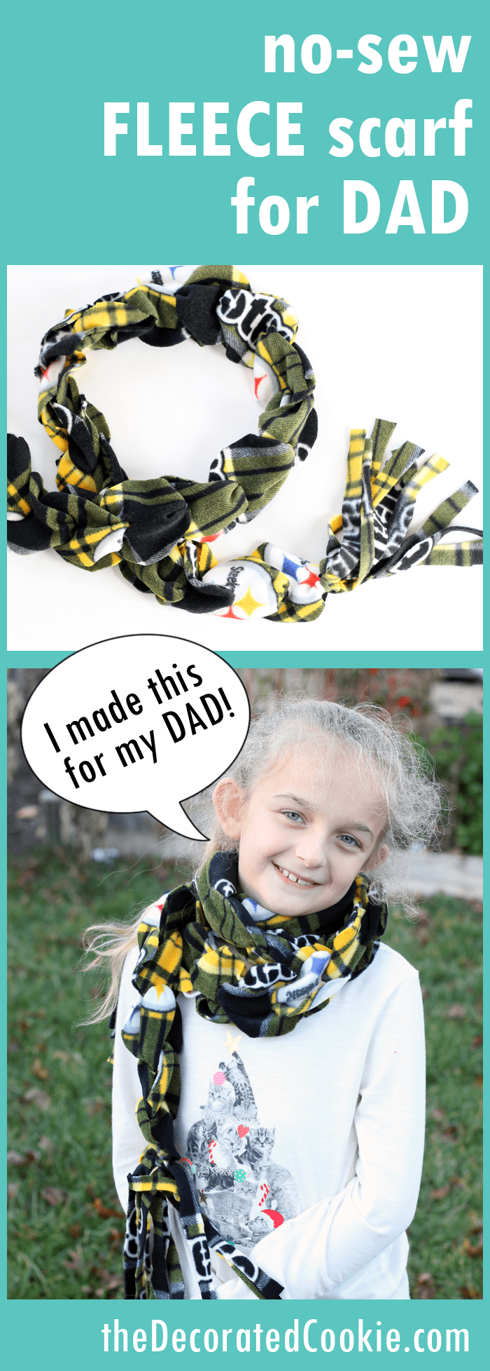 no-sew fleece scarf kids can make for Dad, holiday handmade gift idea 