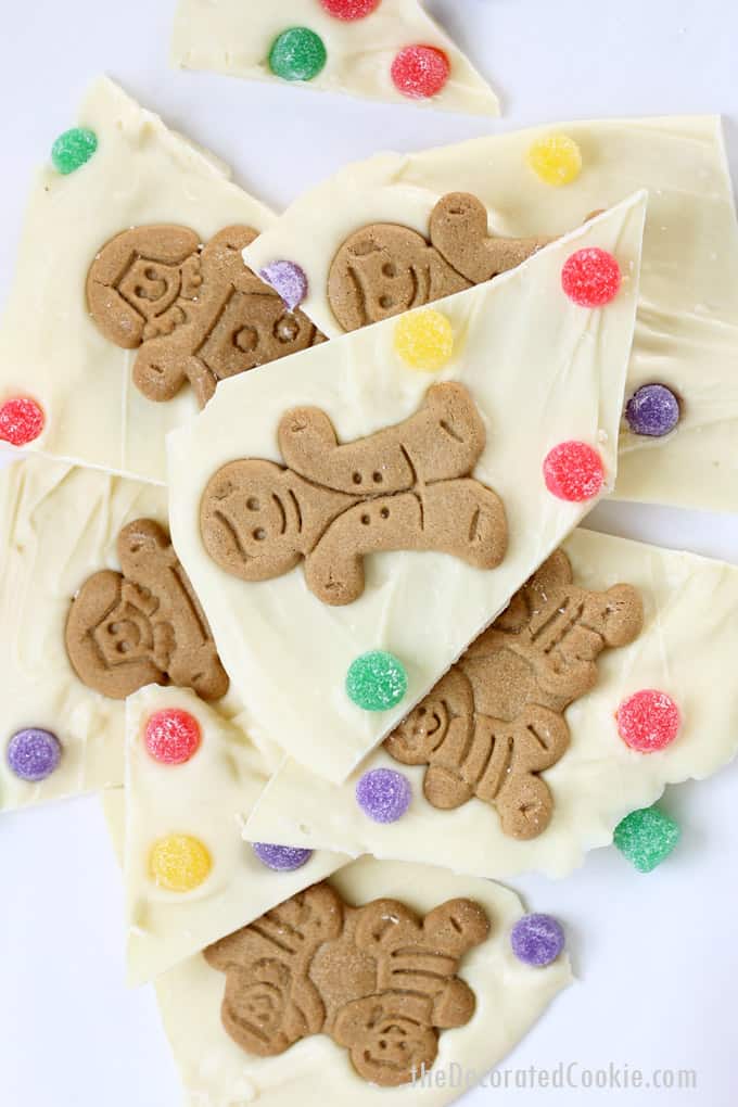 gingerbread man chocolate bark is a quick and easy handmade Christmas gift or dessert -- makes a wonderful handmade holiday gift idea #chocolatebark #christmas #giftidea #gingerbreadman