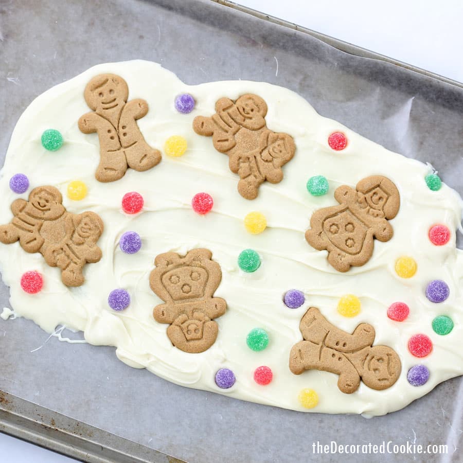 gingerbread man chocolate bark on baking tray