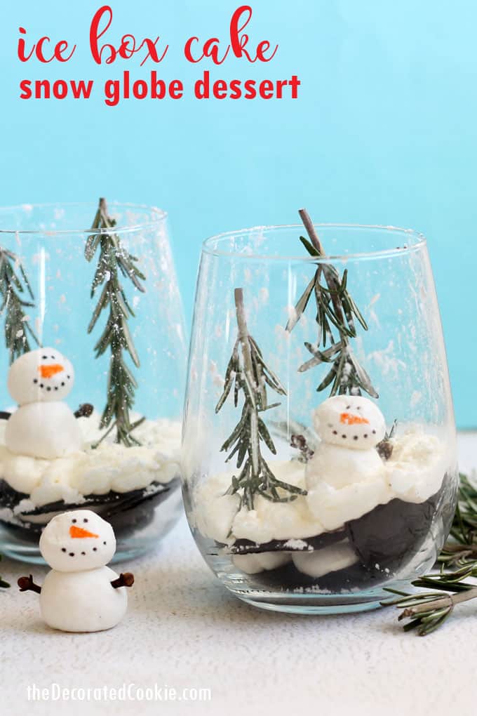 Ice box cake snow globe dessert: Ice box cake dressed up as a snow globe dessert for Christmas. Such an EASY DESSERT to prepare, but it looks phenomenal. #snowglobe #christmas #dessert #easydessert #makeaheaddessert #snowman #iceboxcake 