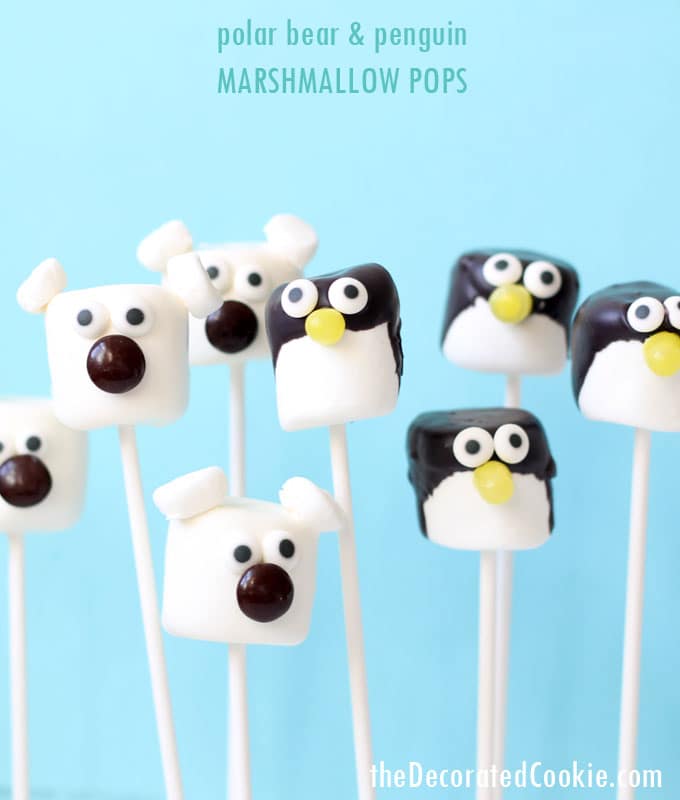 polar bear and penguin marshmallow pops