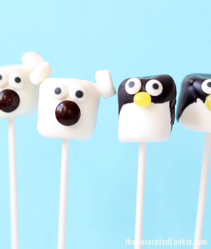 polar bear and penguin marshmallow pops