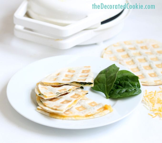 waffle iron quesadillas -- 3 minute spinach and cheese quesadillas made in the waffle iron 