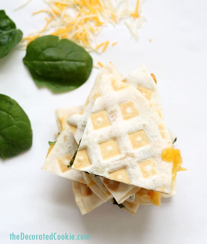 waffle iron quesadillas -- 3 minute spinach and cheese quesadillas made in the waffle iron 