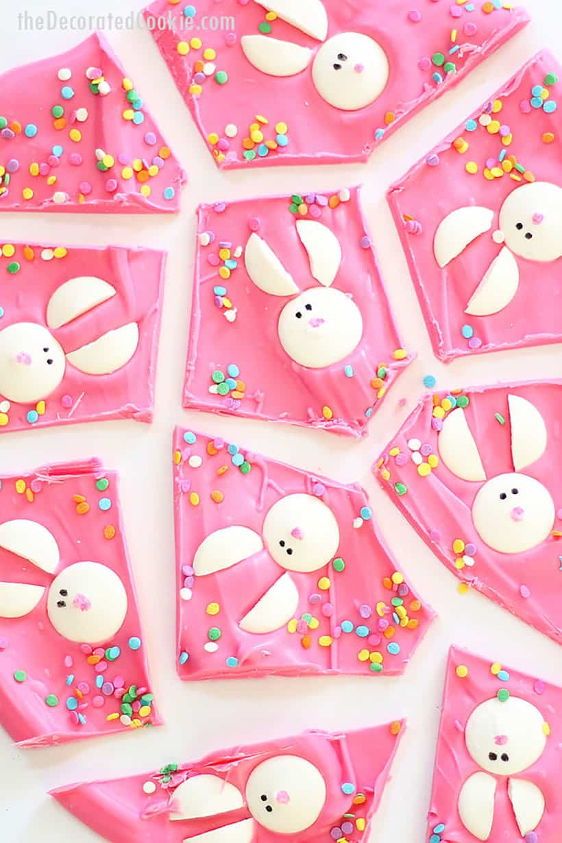 Chocolate Easter bunny bark is a fun food treat idea for Easter. Pink chocolate topped with candy melt bunnies.