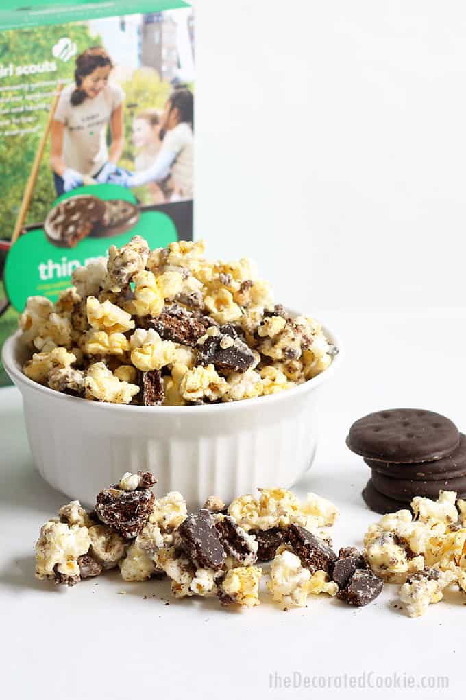 THIN MINTS POPCORN -- 3-ingredient snack recipe using the Girl Scout cookie favorite. Combine chocolate, Thin Mints cookies and popcorn. Sweet and salty.