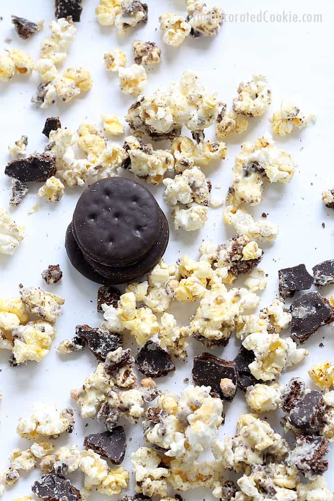 THIN MINTS POPCORN -- 3-ingredient snack recipe using the Girl Scout cookie favorite. Combine chocolate, Thin Mints cookies and popcorn. Sweet and salty.