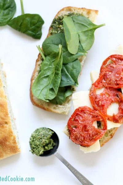 homemade copycat STARBUCKS roasted tomato and mozzarella panini with pesto -- lunch, sandwich