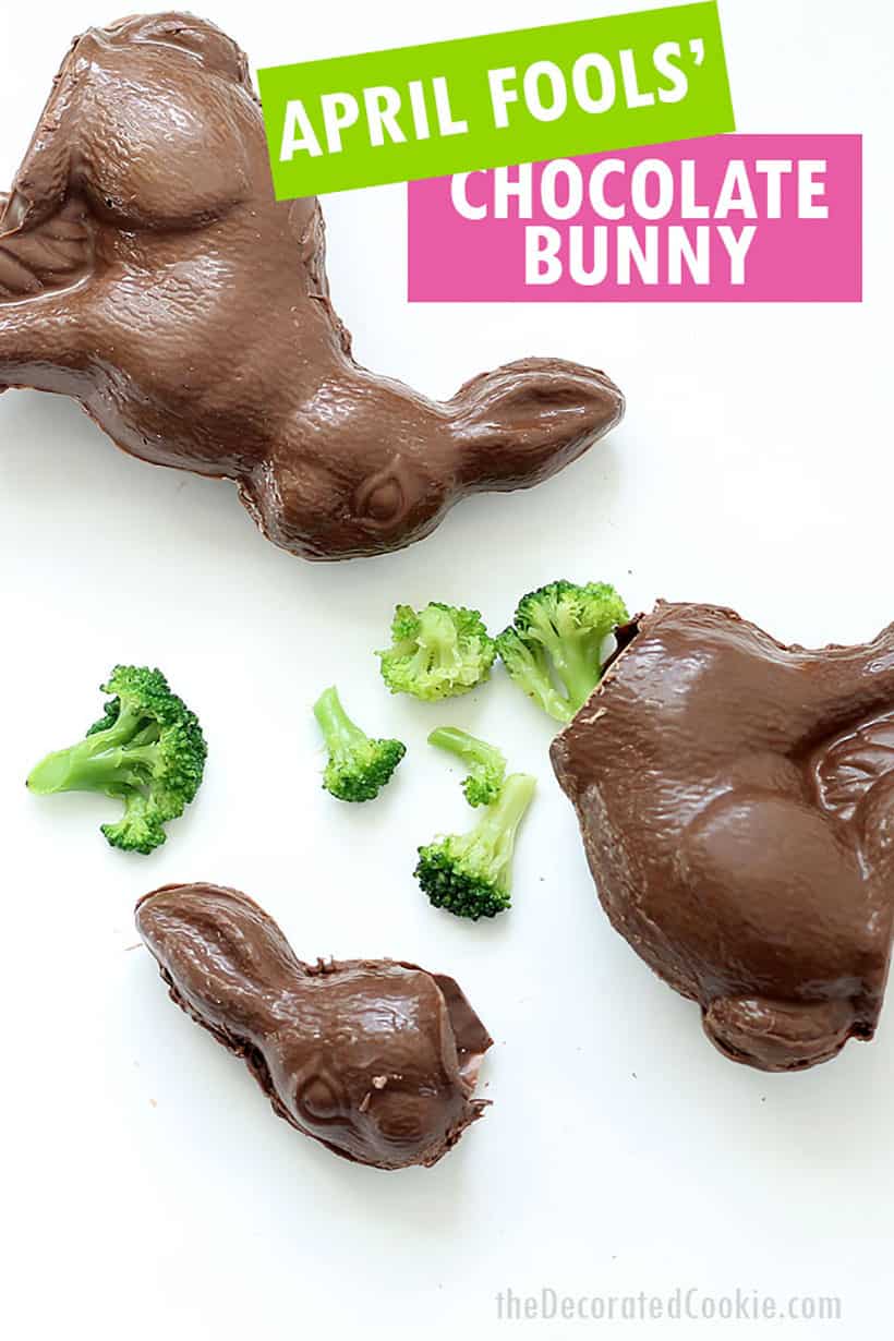 April Fools' Day food tricks, vegetables inside a chocolate Easter bunny