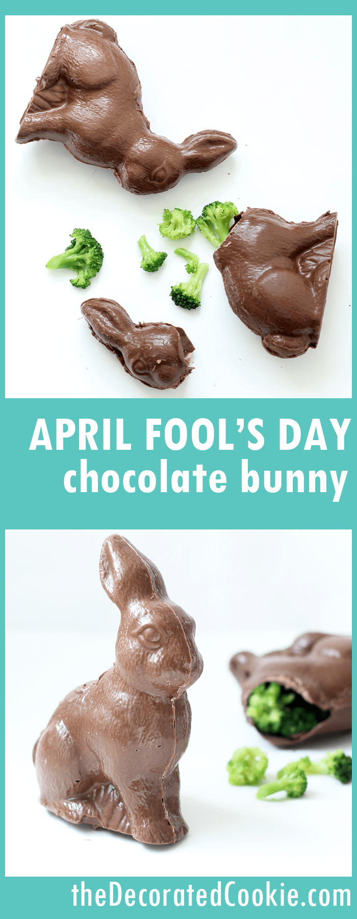 April Fool's Day chocolate bunny trick -- filled with broccoli 