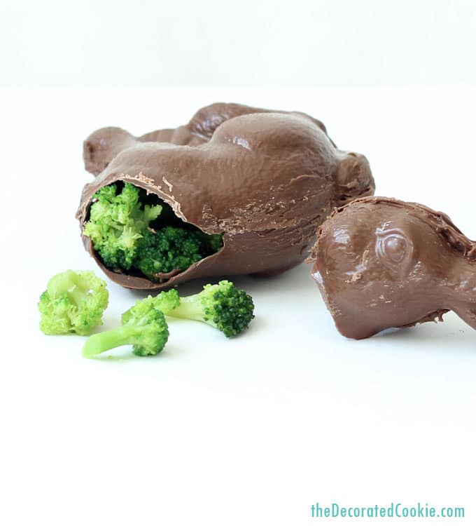 April Fool's Day chocolate bunny trick -- filled with broccoli