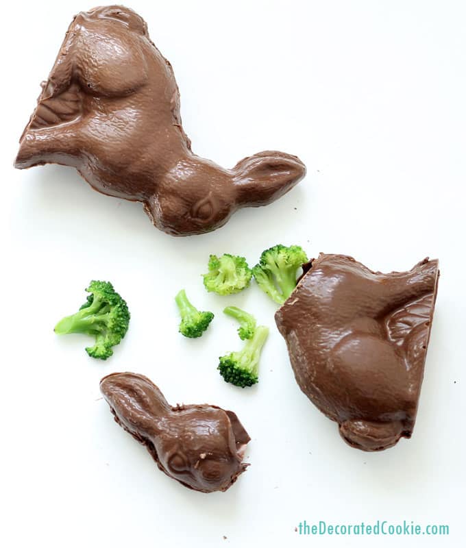 April Fool's Day chocolate bunny trick -- filled with broccoli 